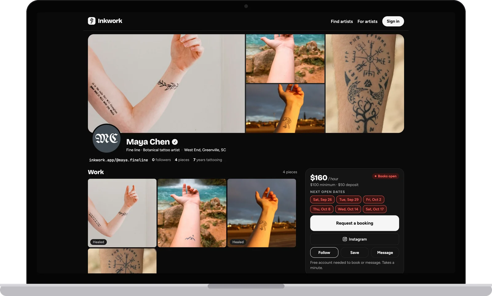Inkwork shown on a laptop: an artist page with portfolio, prices and booking