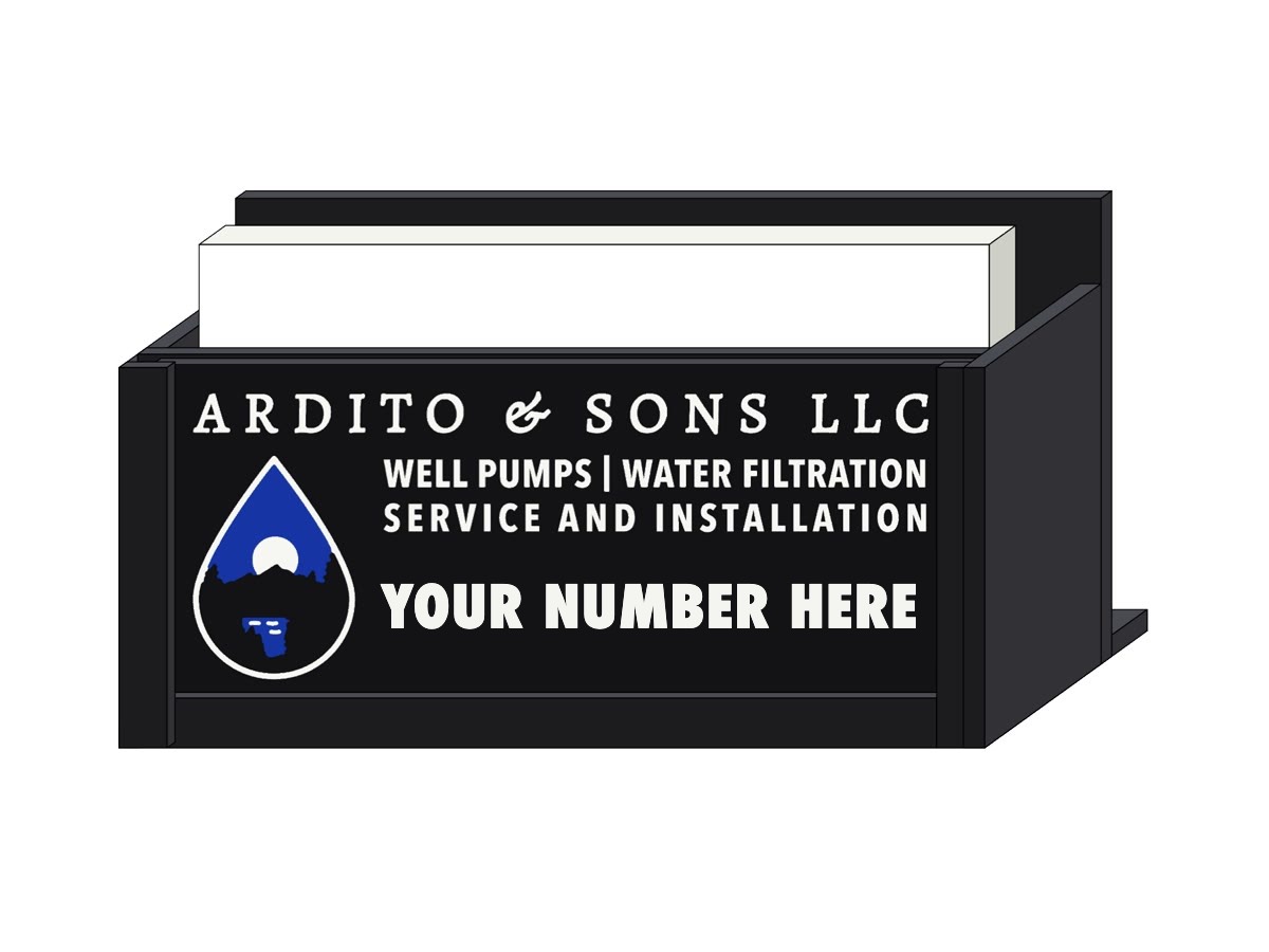A desk business card holder with the Ardito & Sons LLC name and services on the front