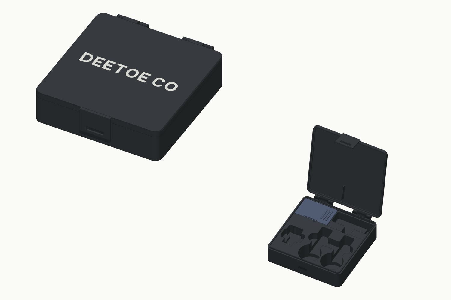 A hinged travel case for a wireless microphone kit, closed with lettering on the lid and open with fitted wells inside