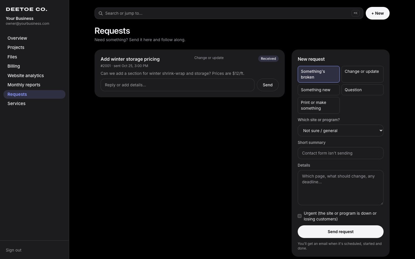 The portal's Requests page, where you ask for a change to your website