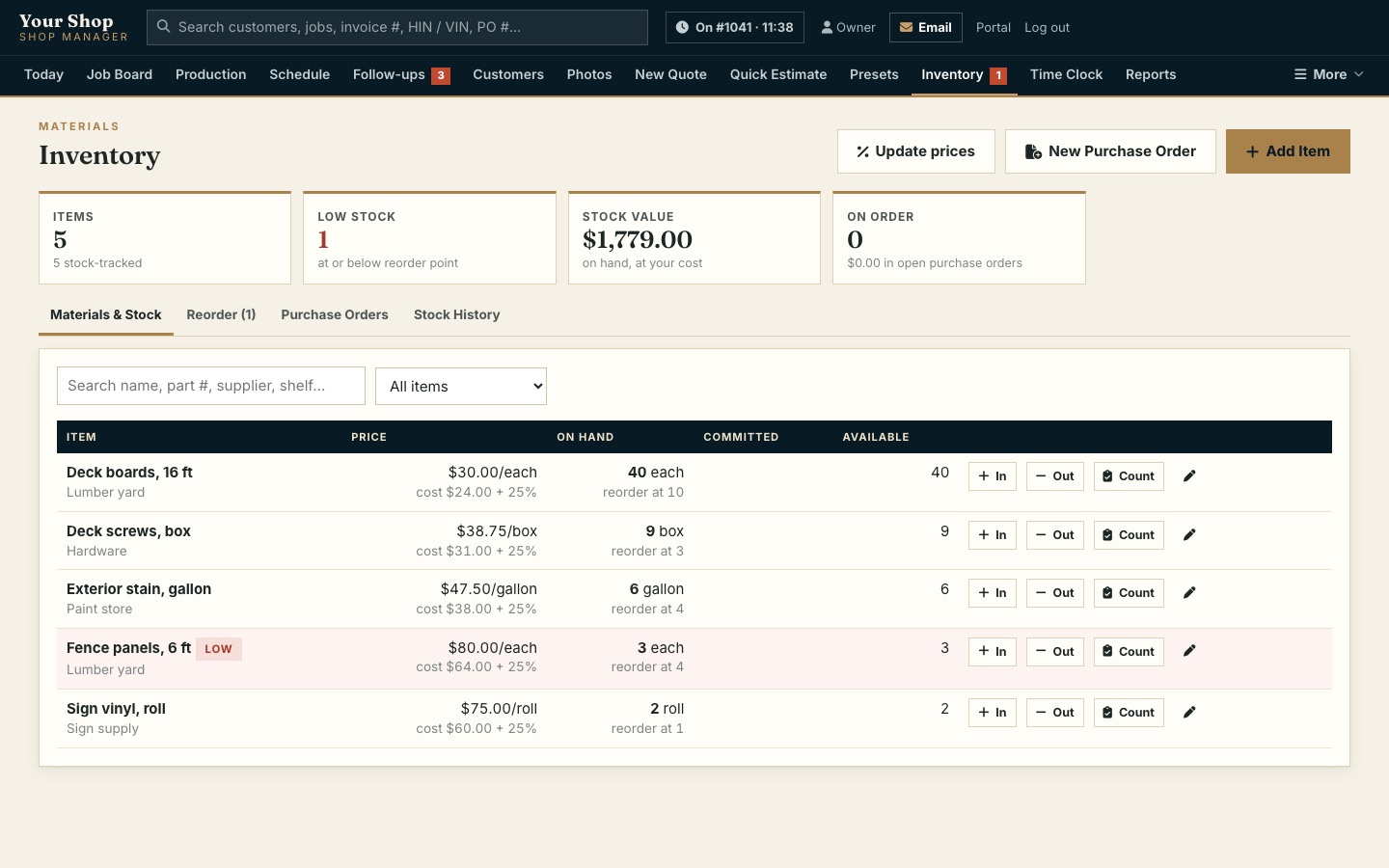 The shop manager's inventory page with materials and prices